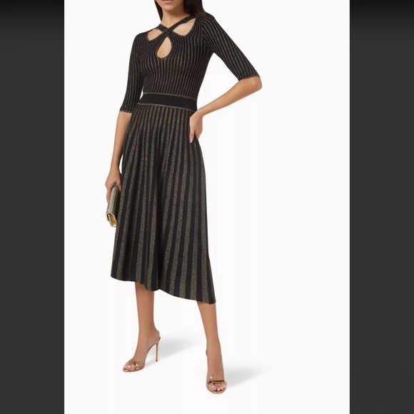 Pinko Dresses & Skirts - PINKO Bitter Two-tone Midi Dress in Stretch Jersey Black Gold Sparkle Metallic M